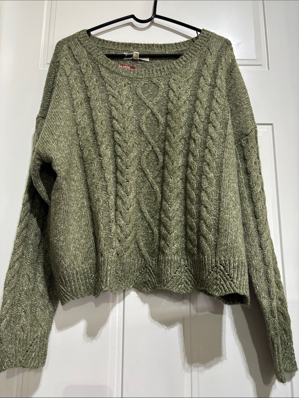 Lucky Brand Wool Blend Cable Knit,scalloped hem,olive green pullover sweater
